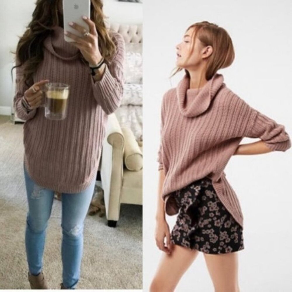 Express Sweater Tunic Extreme Circle Hem Cowl Neck Ribbed Knit Cozy Slouchy sz M